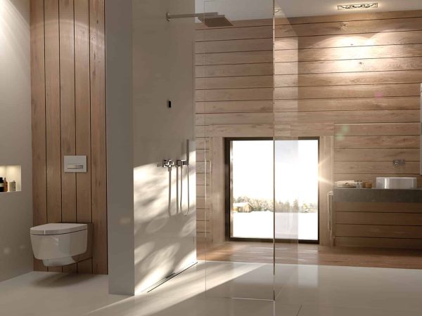 Dusche und WC in Holzoptik - hochwertiges Badezimmer Lübeck